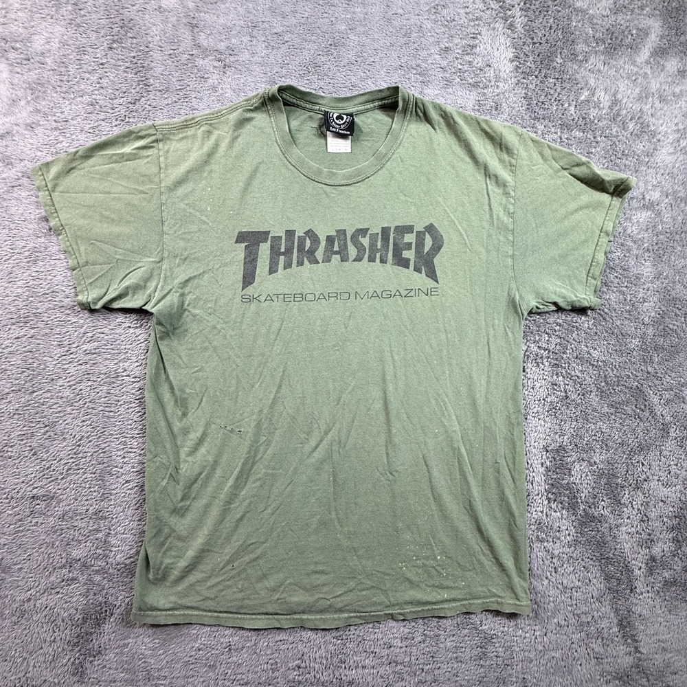Thrasher Skate Magazine T-Shirt L Green Distressed Thrashed Skater Punk Tee